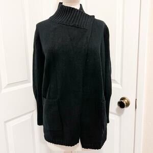 White + Warren Cardigan XS Sweater Black Coatigan Wool Blend Patch Knit